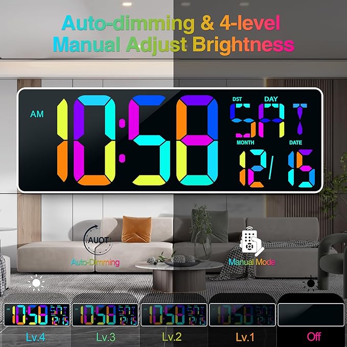 Large Digital Wall Clock Large Display 17.2" Big Digital Timer with 9 Groups Timer Remote Control for Gym Classroom 10 Colors Available for LED Wall Clock with Temperature Date Week DST Dynamic RGB