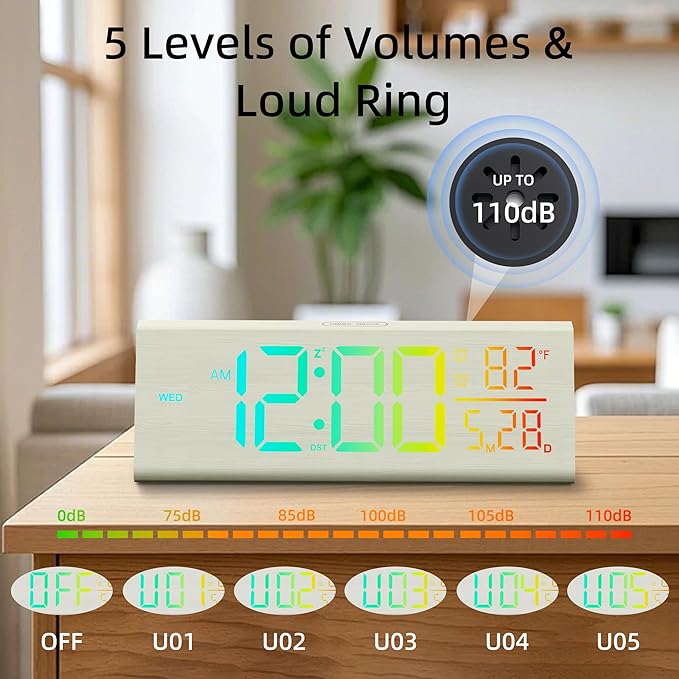 Solid Wood Digital Alarm Clock for Bedroom - 8.8 Inch Large Display for Living Room, See Time Instantly! Multicolor Backlight Time Display, Dual Alarms, Date/Temp/Day, DST, Snooze (White)