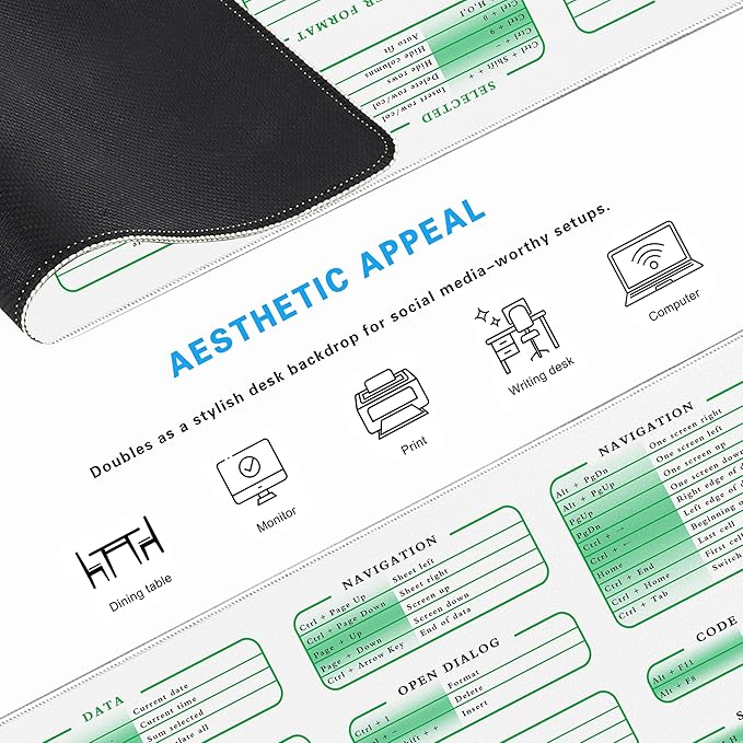 Excel Cheat Sheet Desk Pad, 31.5"x11.8", Waterproof Extra Large Excel Shortcut Mat with Stitched Edges, Anti-Slip Excel Mouse Pad for Office Desk, MS Excel/Word Shortcuts (White Excel)