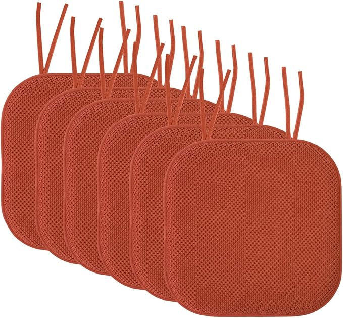 Sweet Home Collection Chair Cushion Memory Foam Pads with Ties Honeycomb Pattern Slip Non Skid Rubber Back Rounded Square 16" x 16" Seat Cover, 6 Pack, Rust