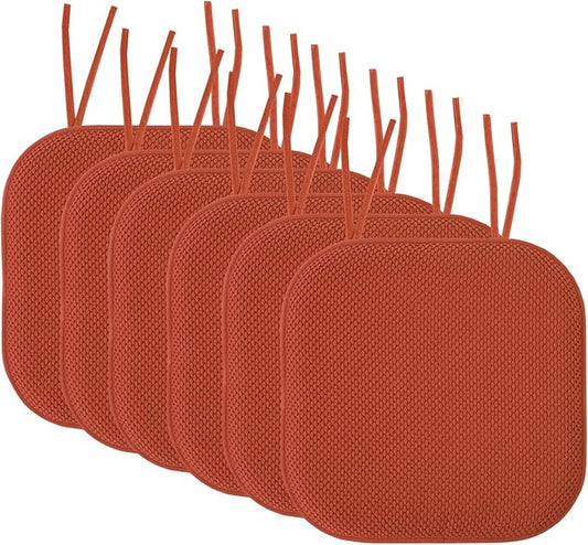 Sweet Home Collection Chair Cushion Memory Foam Pads with Ties Honeycomb Pattern Slip Non Skid Rubber Back Rounded Square 16" x 16" Seat Cover, 6 Pack, Rust