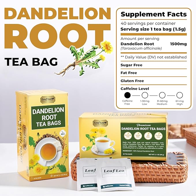 LeafLea Dandelion Root Tea Bags, 240 Count, Natural Dandelion Root Herbal Tea Blend, Supports Digestive and Immune Health, Caffeine-Free, Sugar-Free, Vegan, Gluten-Free, Pack of 6