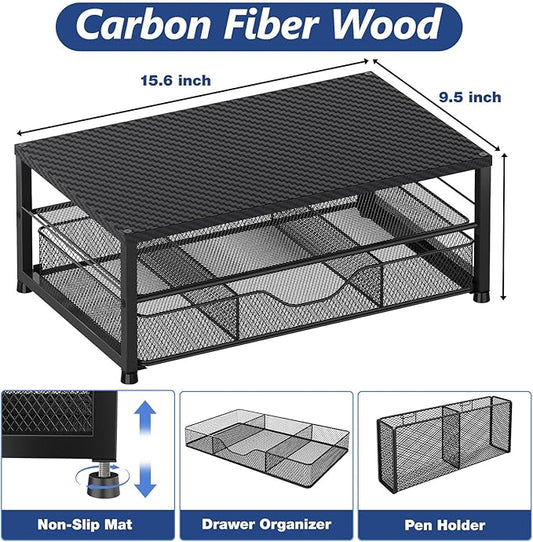 Desk Organizer and Accessories, 2-Tier Computer Monitor Stand with Drawer and 2 Pen Holders, Laptop Stand, Office Desk Accessories for Office Supplies, Carbon Fiber