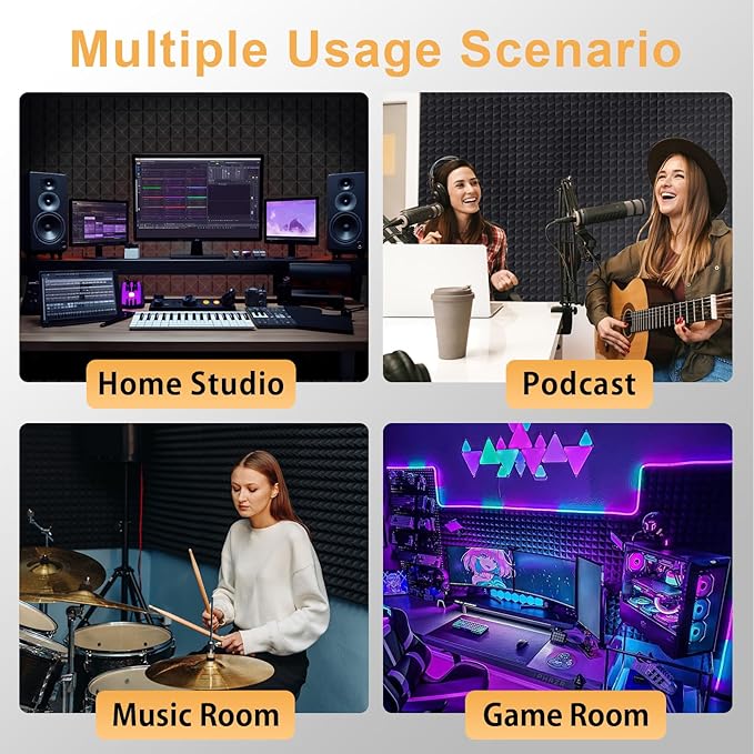 12 Pack Pyramid Acoustic Foam Panels – 12" x 12" x 2" High Density, Fire-Resistant Soundproof Wall Panels for Home Studio, Recording Room & Office