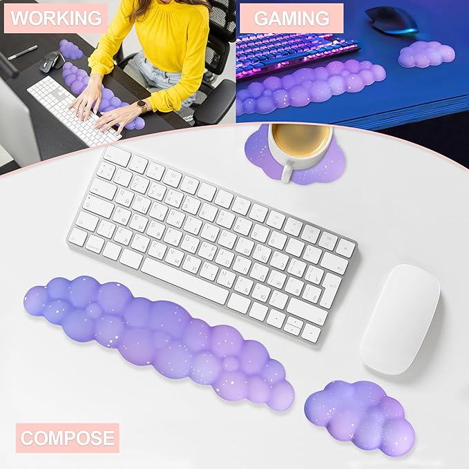 Cloud Wrist Rest Set for Keyboard and Mouse, Includes Cute Coaster, with Computers and Laptops（Purple Star Set）