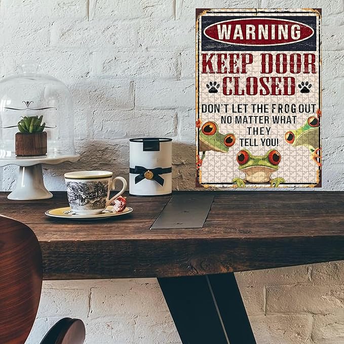 1000 Piece Wooden Jigsaw Puzzle Keep Door Closed Don't Let The Frogs Out No Matter What They Tell You Adults Kids Challenging Game Educational Stress Relief Time 29.5x19.7 Inch