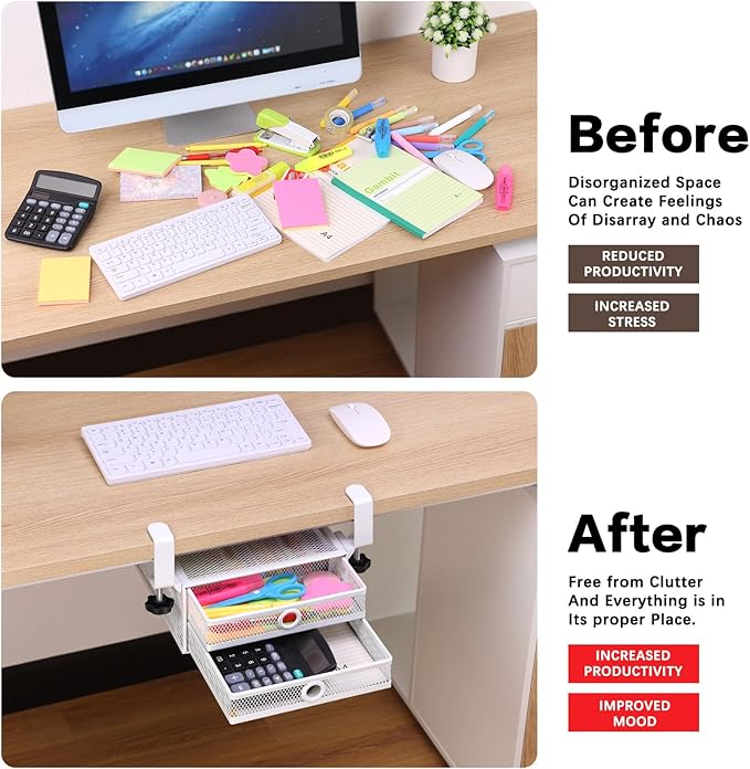 ROSLINE Under Desk & Desktop Drawer Organizer - 2-Tier Metal Slide Out Drawers Organizer, Storage for Home Office Desk (White)