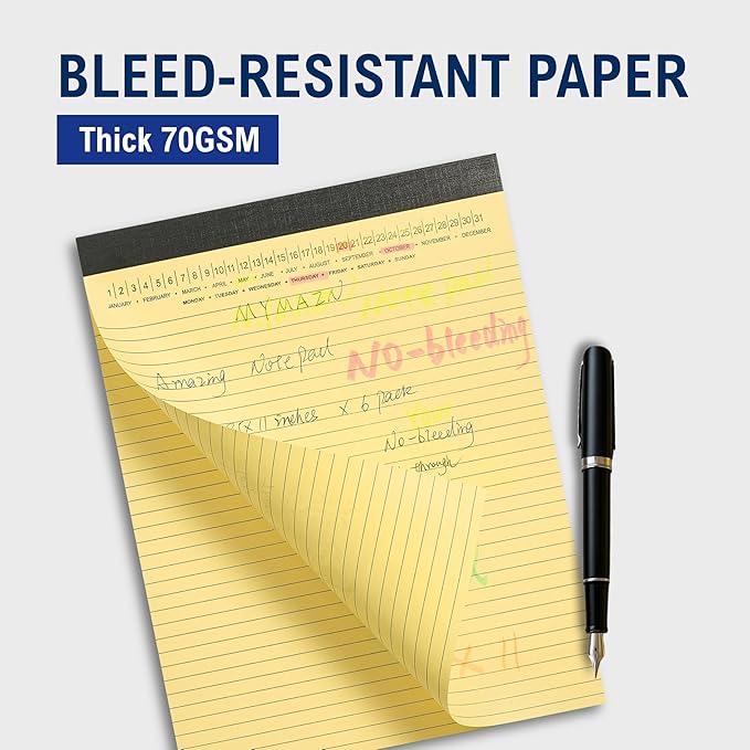 Mymazn Legal Pads with Date on Top, 8.5 x 11 Yellow, 6 Pack, 30 Sheets Each, Micro-Perforated, No-Bleed Paper for Office, School,Notes