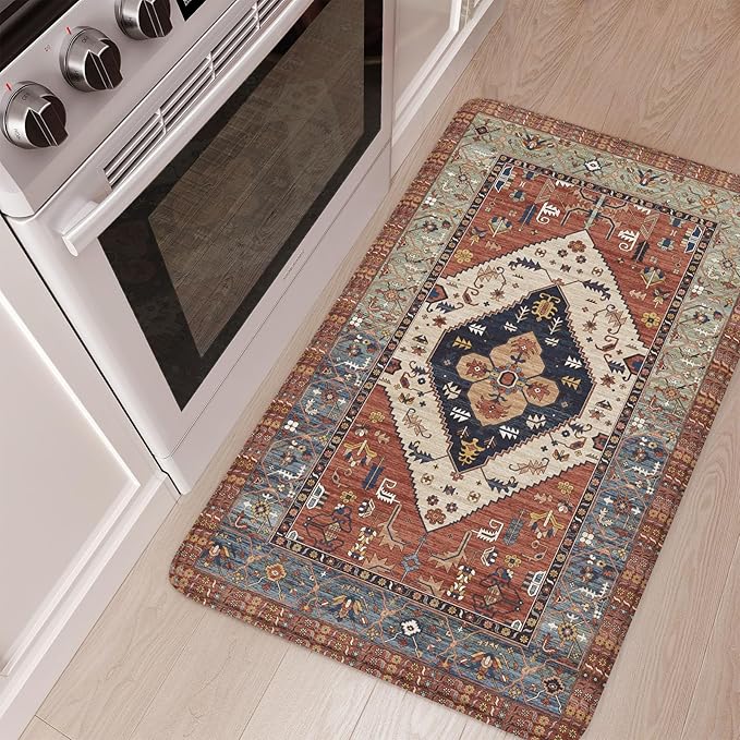 KIMODE Anti Fatigue Kitchen Mat, Boho Distressed Kitchen Rug 20"x32", Non Slip Waterproof Kitchen Floor Mat, Comfort Foam Mat for Kitchen Floor, Sink, Laundry, Office, Desk Red Floral