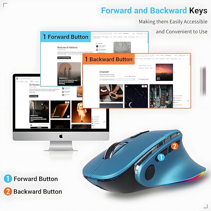 Ergonomic Mouse Jiggler,Bluetooth Vertical Wireless Mouse,LED Rechargeable Optical Computer Mice, Portable(BT5.2 or USB 2.4GHz) Dual Mode,1000/1600/2400 DPI,8 Buttons for Laptop,PC,Macbook (Blue)