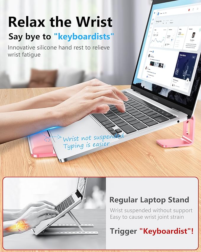 NTMY Aluminum Laptop Stand for Desk with Wrist Rest Pad,Computer Stand for Laptop,Ventilated Ergonomic Laptop Stand Riser on Desk for MacBook/HP/Dell/Acer/Lenovo 10-17.3'' (Pink)