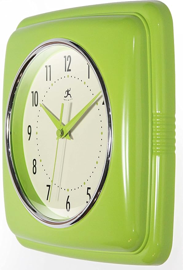 Infinity Instruments Retro Wall Clock – 9-Inch Square Silent Non-Ticking Mid-Century Modern Clock – Vintage Decorative Wall Clock for Kitchen, Office, or Diner – Apple Green