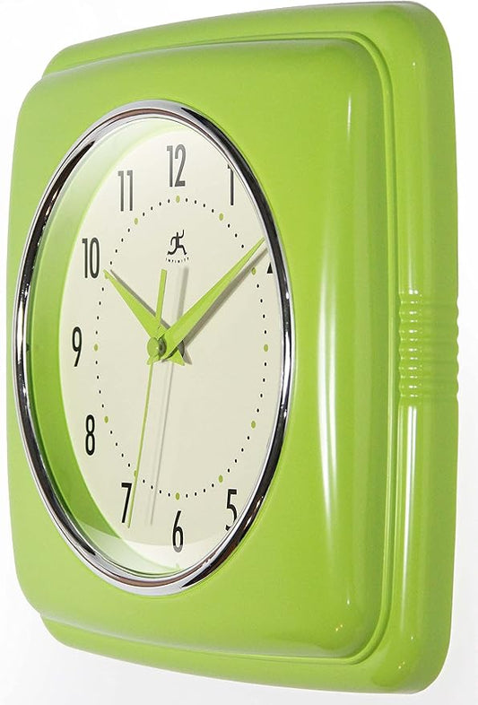 Infinity Instruments Retro Wall Clock – 9-Inch Square Silent Non-Ticking Mid-Century Modern Clock – Vintage Decorative Wall Clock for Kitchen, Office, or Diner – Apple Green