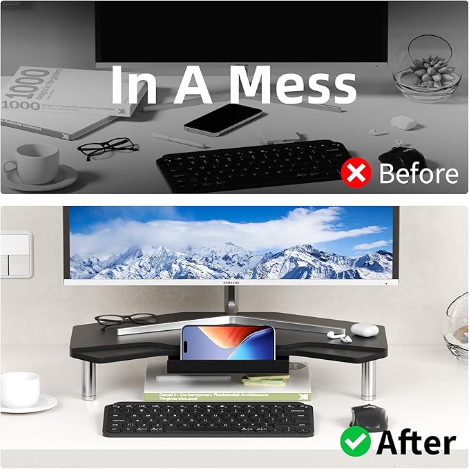 Monitor Stand Riser Black,Plane Wing-Shaped Sturdy Computer Stand Ergonomic Desk Organizer Riser Wood Monitor Stand with Drawer for Laptop, Computer,16.5 Inch