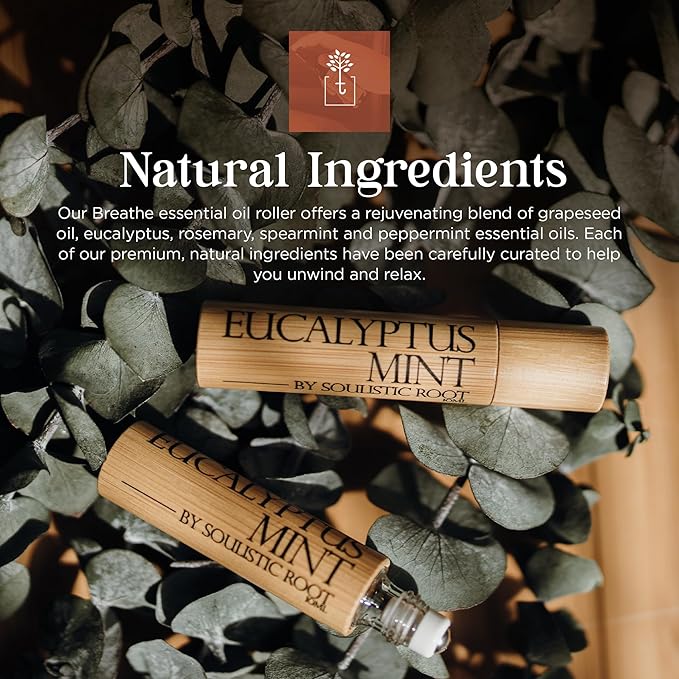 Eucalyptus Mint Essential Oil Roll On – Breathe Essential Oil Blend w/Peppermint, Spearmint, Rosemary – Aromatherapy Rollerball for Spa, Self Care, Energy – 10ml Bottles Each