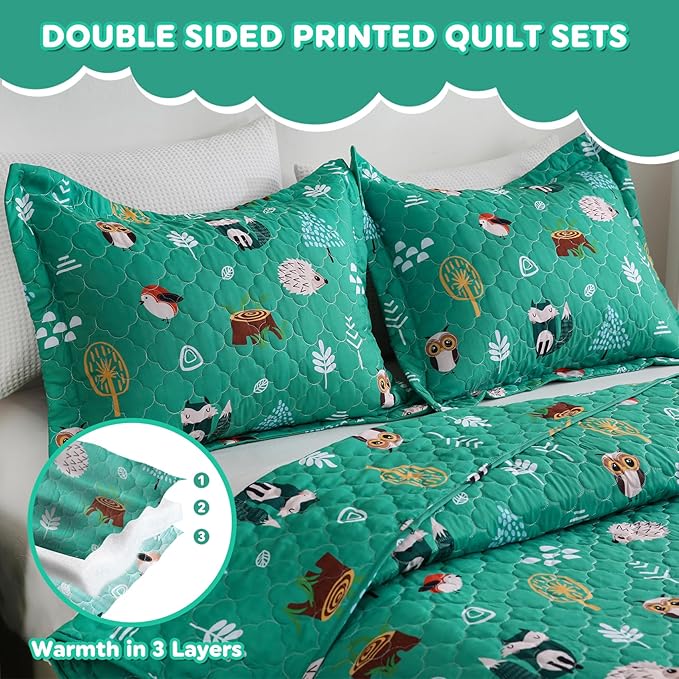 Green Forest Animals Quilt Set for Boys Full Size Kids Bedding Sets Lightweight Summer Bedspread Soft Microfiber Breathable Bed Comforter All-Season
