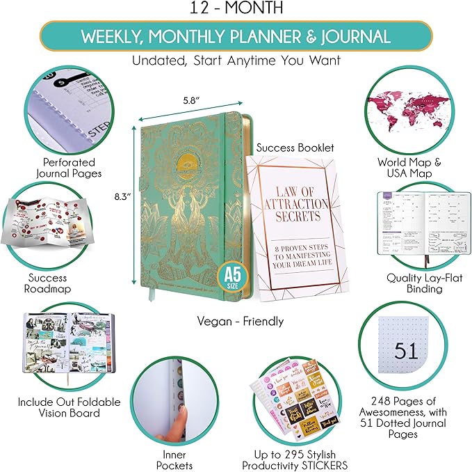 Life Planner - Undated Weekly & Monthly Planner, 12-Month Journey to Increase Productivity | Gratitude Journal, Life Organizer & Goal Journal | Include Foldable Vision Board, Habit Tracker & Stickers