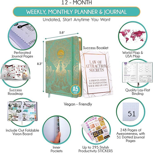 Life Planner - Undated Weekly & Monthly Planner, 12-Month Journey to Increase Productivity | Gratitude Journal, Life Organizer & Goal Journal | Include Foldable Vision Board, Habit Tracker & Stickers