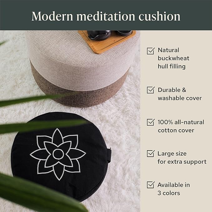 Mindful & Modern Large Meditation Cushion | Zafu Yoga Bolster Meditation Floor Pillow Seat | Buckwheat Hull Filled Crescent Shaped Cushion with Removable Washable Cover + Carry Handle