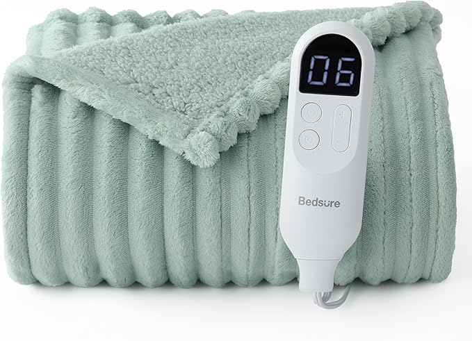 Bedsure Heated Blanket Electric Throw - Thick Striped Flannel Electric Blanket, Heating with 4 Time Settings, 6 Heat Settings, and 3-Hour Timer Auto Shut Off, Gift for Grandma (50x60 inches, Green)