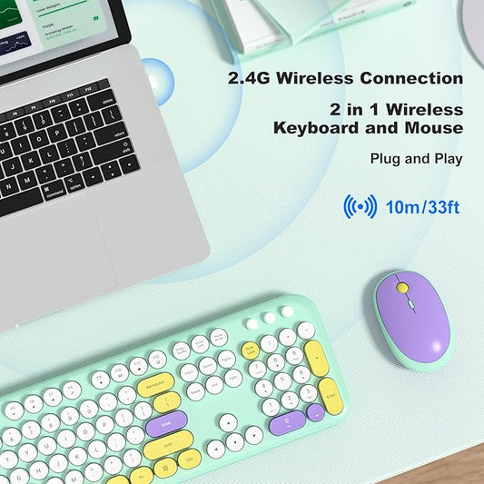 Wireless Keyboard and Mouse Combo, MOWUX Full Size Typewriter Retro Round Computer Keyboard, Cute Optical Mouse Wireless, Plug and Play, for Laptop, PC, Computer- Daydream Mint