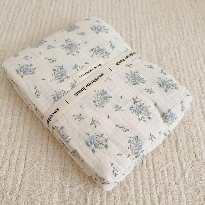 BuLuTu Blue Floral 100% Cotton Muslin Blanket Soft Lightweight Toddler Bed/Crib Quilt Shabby Chic Flower Theme Swaddle Blanket for Girls Boys Bedding Gift Room Decor, Fressia, 47"x51"