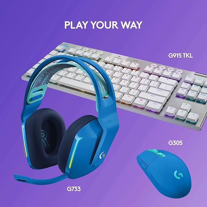 Logitech G733 Lightspeed Wireless Gaming Headset, Suspension Headband, Lightsync RGB, Blue VO!CE Mic, PRO-G Audio – Blue, Gaming Headset Wireless, PC, PS5, PS4, Switch Compatible