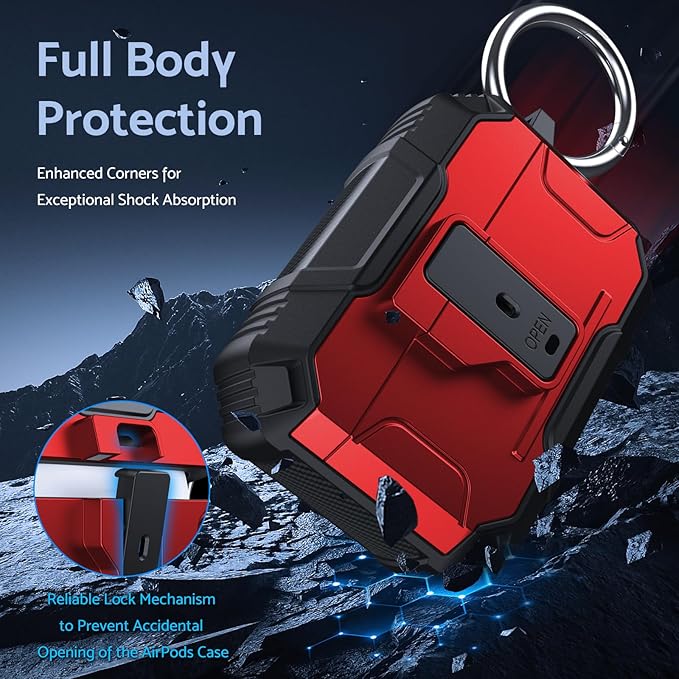 DASFOND Armor Earphone Cover Case for Airpods Pro, Military Grade Full Body Shockproof Protection Hard Case, Support Wireless Charging with Keychain, Magnetic Lid, Front LED Visible, Red