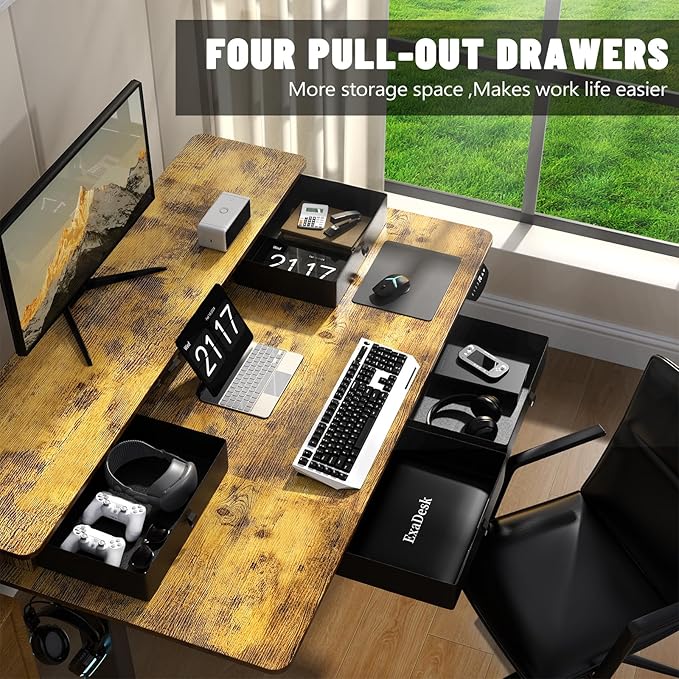 48 * 30 Inches Electric Standing Widened Desk Adjustable Height with 4 Drawers, Double Storage Shelves Stand Up Desk, Home Office Workstation Sit Stand up Desk (Rustic Brown)