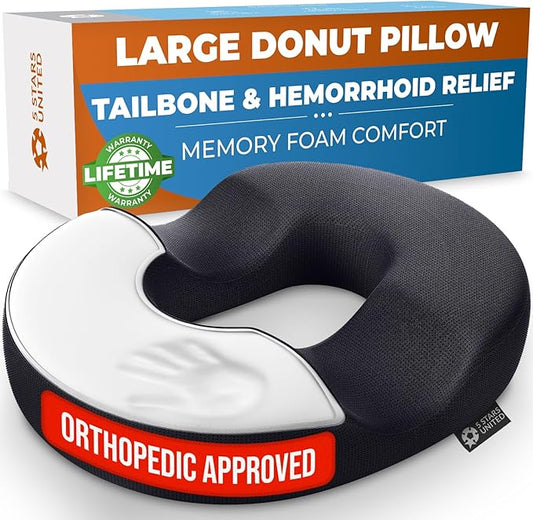 5 STARS UNITED Donut Pillow Hemorrhoid Tailbone Cushion – Large Cushion for Pain Relief – Coccyx, Prostate, Sciatica, Pelvic Floor, Pressure Sores, Pregnancy, Postpartum Recovery, Black