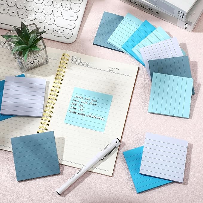 12 Pack Blue Lined Sticky Notes 3x3 inch Post Ruled Stickies Super Self Stick Power Memo Pads Multi Colors Notes Pads Vintage Aesthetic School Office Supplies Accessories