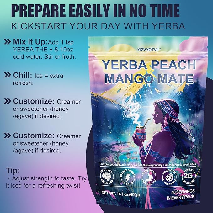 40 Servings (400g) Yerba Mate Instant Tea Powder, 3-in-1 Peach Mango Flavored Low Sugar Super Drink to Support Energy & Focus with Prebiotics and Probiotics