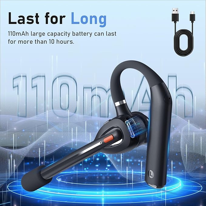 Single Ear Bluetooth Headset with Dual Mic, 50dB AI ENC Call Background Noise Cancelling Wireless Earpiece for Trucker Driver, Business Office, Home Work