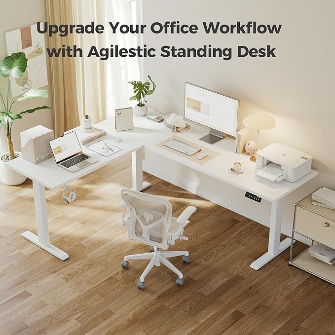 Agilestic 75 Inch L Shaped Standing Desk Adjustable Height, Corner Standing Desk, Sit Stand Up Computer Table, Splice Board, White