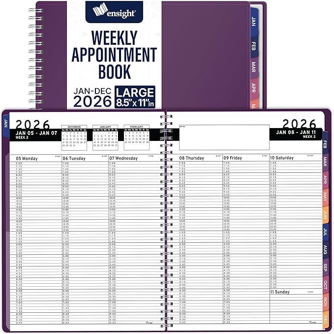 Ensight 2026 Appointment Book & Planner Ensight 8.5 x 11 inches Large Tabbed Daily Hourly Weekly Planner Schedule Book 15 Minute time Slots Business & Personal Planner Jan 2026 Dec 2026 Purple