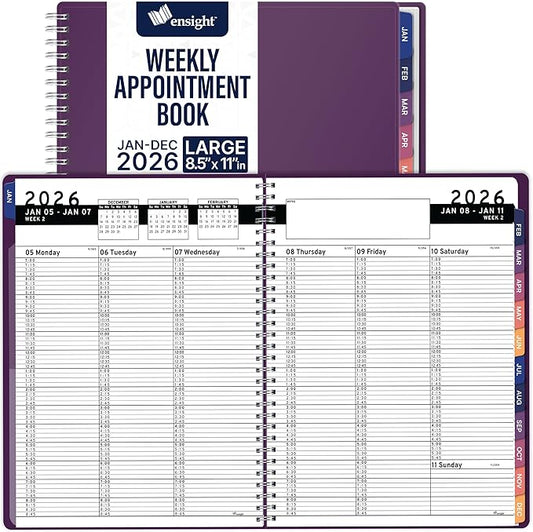 Ensight 2026 Appointment Book & Planner Ensight 8.5 x 11 inches Large Tabbed Daily Hourly Weekly Planner Schedule Book 15 Minute time Slots Business & Personal Planner Jan 2026 Dec 2026 Purple