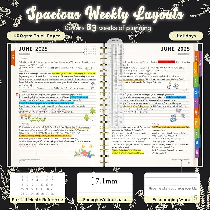 Jun 2025-Dec 2026 Academic Monthly Weekly Daily Planner for School, 19 Months Calendar 25-26 Planning Book with Colorful Tabs, 8.5" x 11" Mid Year College Organizer for Student Teacher (Black)