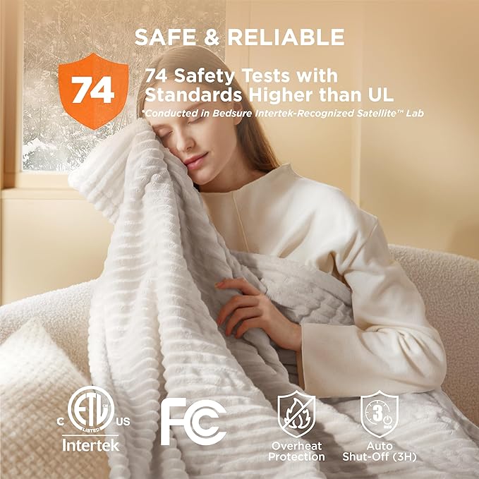 Bedsure GentleSoft Heated Blanket Throw - Soft Ribbed Flannel Electric Blanket, Heating with 4 Time Settings, 6 Heat Settings, and 3 hrs Timer Auto Shut Off, Gifts for Grandma (50x60 inches, Cream)