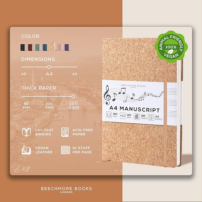 BEECHMORE BOOKS Blank Sheet Music Notebook – A4 8.5x11.5 for Songwriters, Musicians & Composers, 156 Thick 120gsm Pages, 10-Staff Perforated Sheets, Vegan Leather Hardcover, Elastic Closure, Gift Box