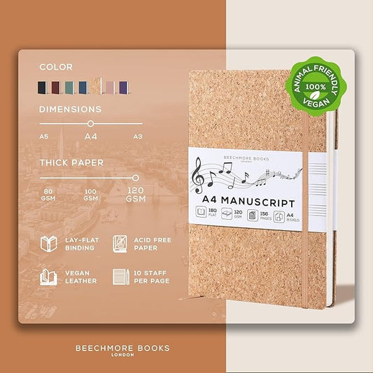BEECHMORE BOOKS Blank Sheet Music Notebook – A4 8.5x11.5 for Songwriters, Musicians & Composers, 156 Thick 120gsm Pages, 10-Staff Perforated Sheets, Vegan Leather Hardcover, Elastic Closure, Gift Box