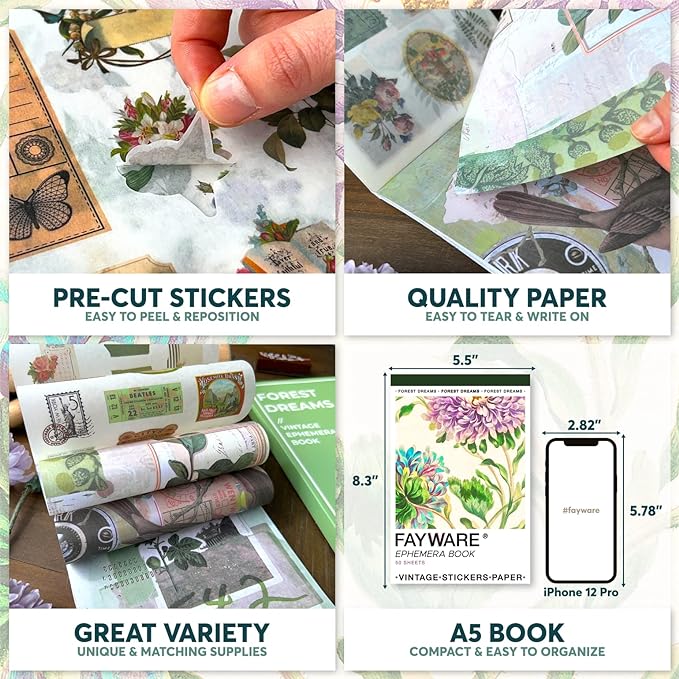 Washi Vintage Stickers for Scrapbooking - Ephemera Book for Journaling with 453 Stickers and 20 Scrapbook Papers. Ephemera for Junk Journals, Journaling Supplies