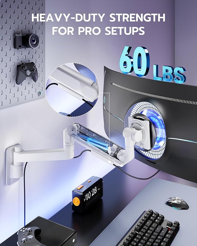 ARES WING Monitor Wall Mount for 24-57 Inch Ultrawide Gaming Screens, Premium Heavy Duty Monitor Arm Holds 60 lbs, Full Motion Gas Spring, Bearing Head for Easy Adjustment, 75/100 VESA Mount, White