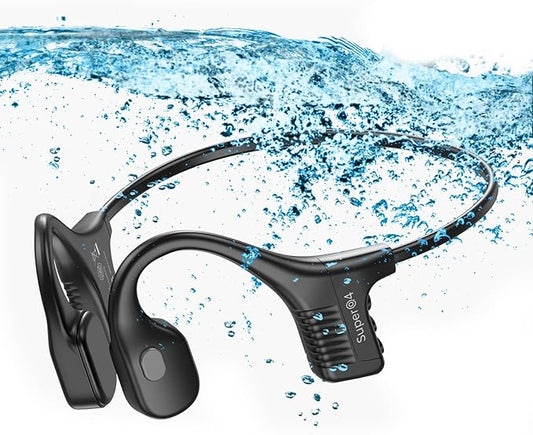 IPX8 Waterproof Bone Conduction Headphones Swimming Underwater Bluetooth Headsets with MP3 Player Open Ear Headsets with Mic Wireless Earphones Built-in 32GB Memory for Running Cycling Gym Workouts