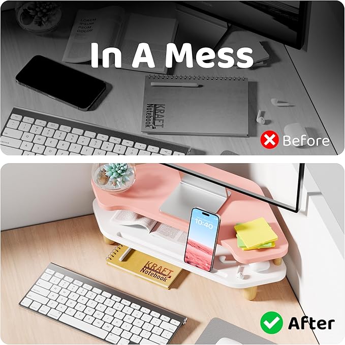 Monitor Stand Riser,2 Tier Corner Wood Monitor Stand Sturdy Computer Stand Multi-Purpose Desktop Storage Stand for Laptop,PC,iMac,Printer,Computer,Pink