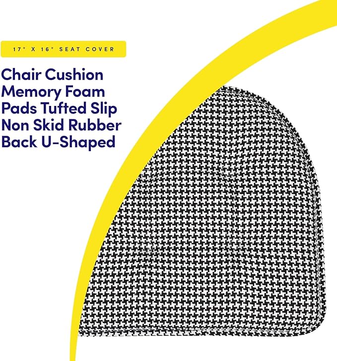 Sweet Home Collection Chair Cushion Memory Foam Pads Tufted Slip Non Skid Rubber Back U-Shaped 17" x 16" Seat Cover, 2 Count (Pack of 1), Houndsooth Black