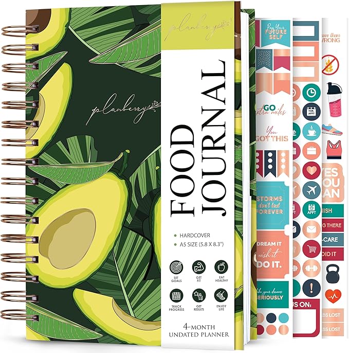PLANBERRY Food Journal Premium – Nutrition Planner – Diet & Calorie Tracker – Meal & Exercise Diary – Weight Loss Journal (Avocado Green)