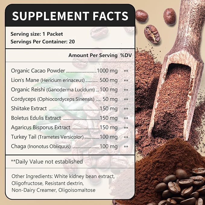 CANLIST Organic 9 in 1 Mushroom Coffee Powder with Lion's Mane & Chaga,Cordyceps, Reishi, Shiitake for Cognitive Focus, Immune Support & Stress Relief, Non-GMO & Vegan Friendly（20 Stick Packets）