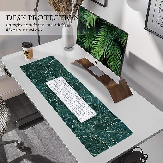 ALOANES Waterproof Mouse Pad with Durable Stitched Edge, Large Gaming Keyboard Pad, Non-Slip Rubber Base, Extended Desk pad for Gamer, Office & Home, Green Leaves Mousepad 27.6''x 11.8''x 0.12''