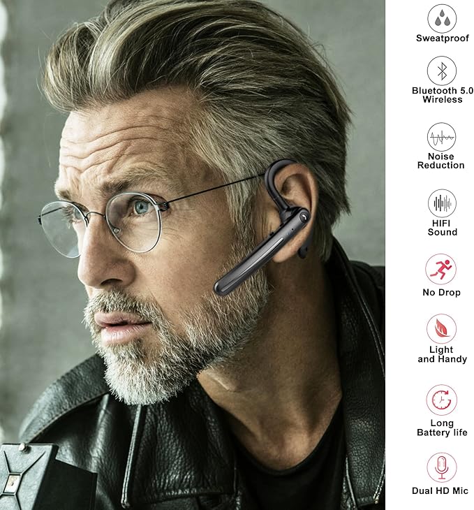 IHAO Single Ear Wireless Bluetooth Earphone Noise Cancelling Stereo Dual HD Mic Headphone Earpiece 16Hrs Hands-Free Calling in-Ear Headset Painless Firm Wear for Driving/Business/Office/Trucker