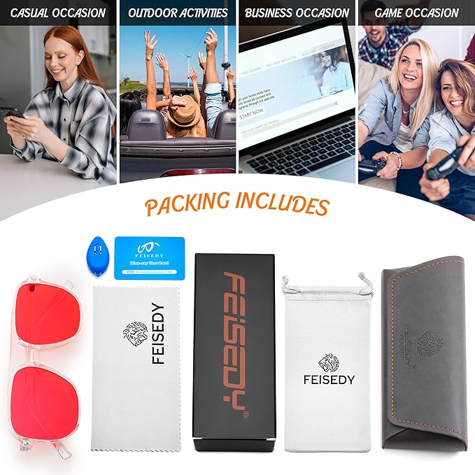 FEISEDY Sleep Blue Light Glasses for Woman Men 99.9% Computer Gaming Red Lens Eyeglasses Reduce Eyestrain G2835